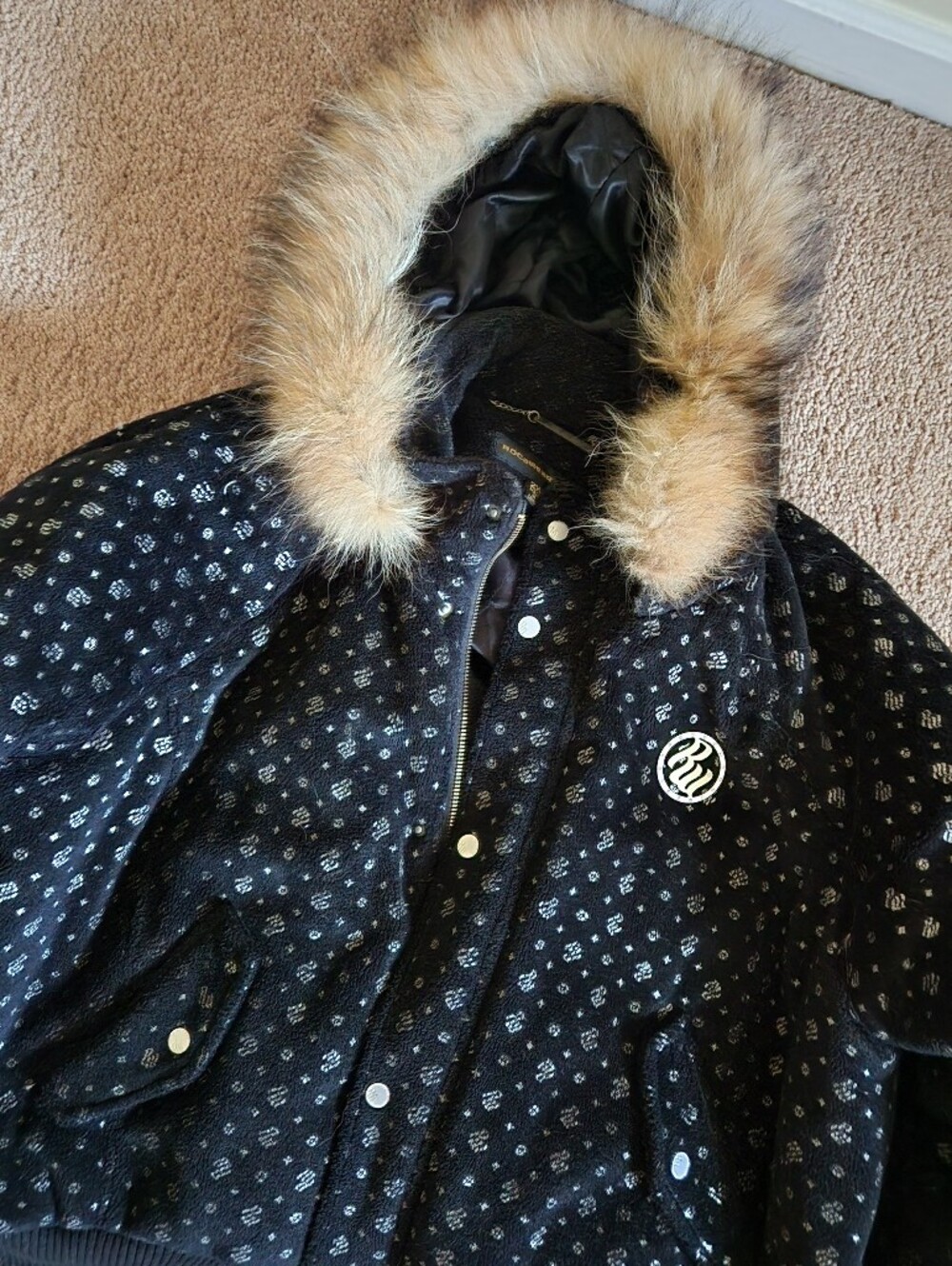 Rocawear Vintage Women's Fur Hood Goose Down Lined Hooded Black Puffer Jacket 2X